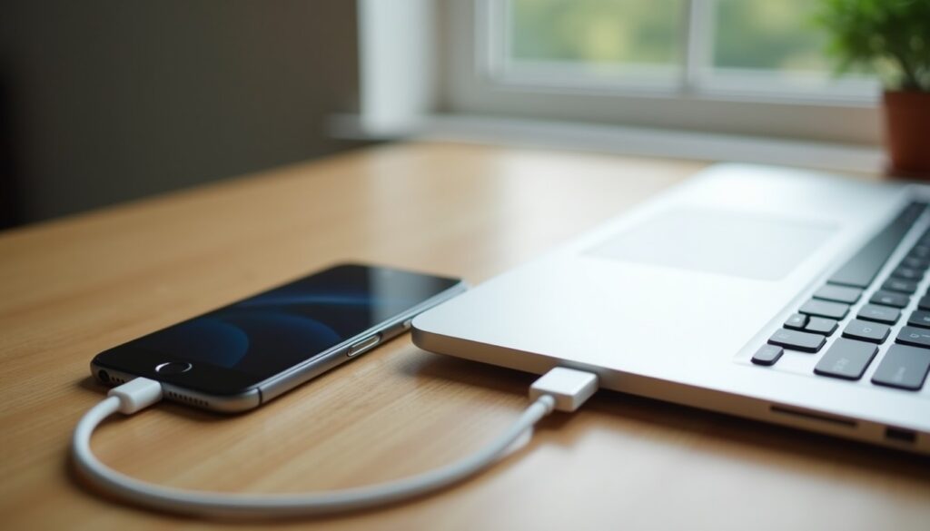 An iPhone and a silver Windows laptop lying side by side on a wooden desk with a short charging cable
