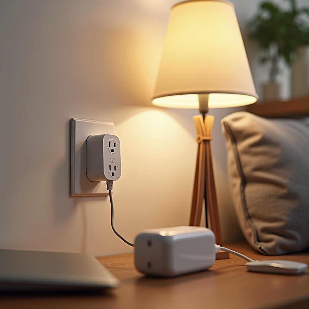 A safe smart plug setup with a lamp and laptop charger