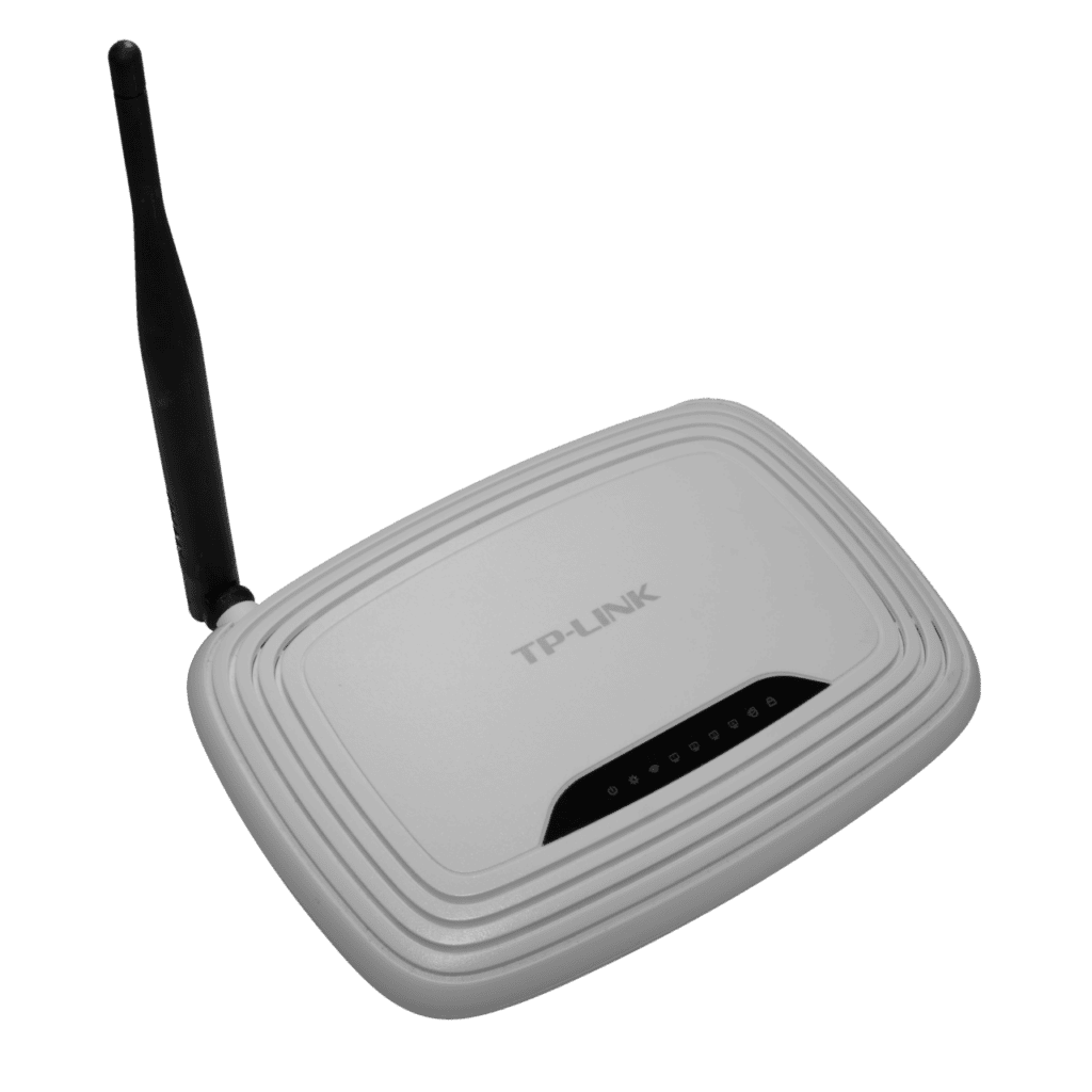 A Wi-Fi router with antennas on a table