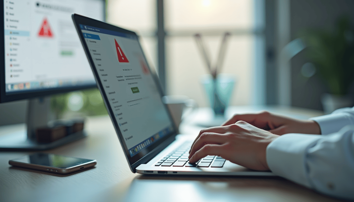 Laptop showing an email account security alert while checking for a data breach