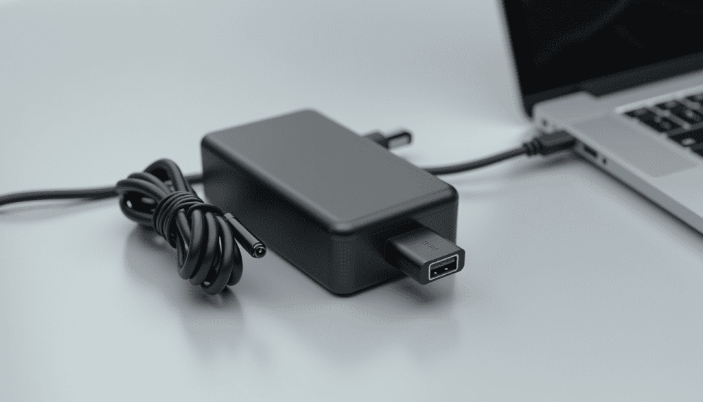 Laptop charger brick, cable and connector on a desk