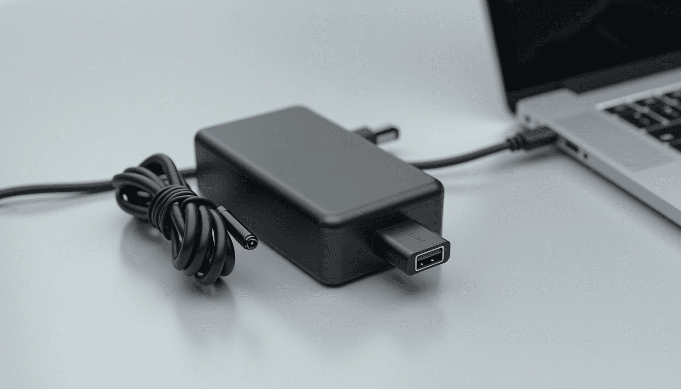 Laptop power adapter brick with coiled cable and connector on a desk beside a closed laptop