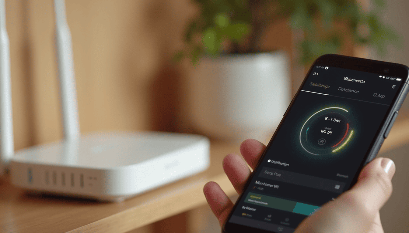 Smartphone showing Wi-Fi settings with a home router in the background