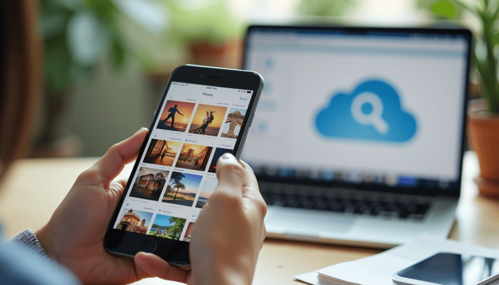automatic photo backup gallery grid on a smartphone held over a desk