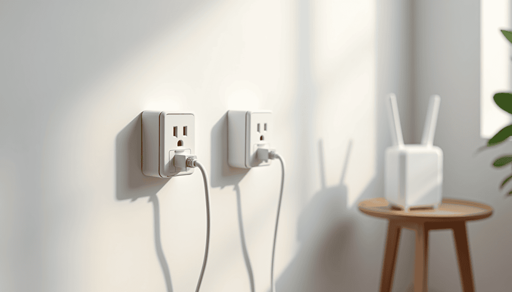 Two powerline adapters plugged into wall sockets with Ethernet cable