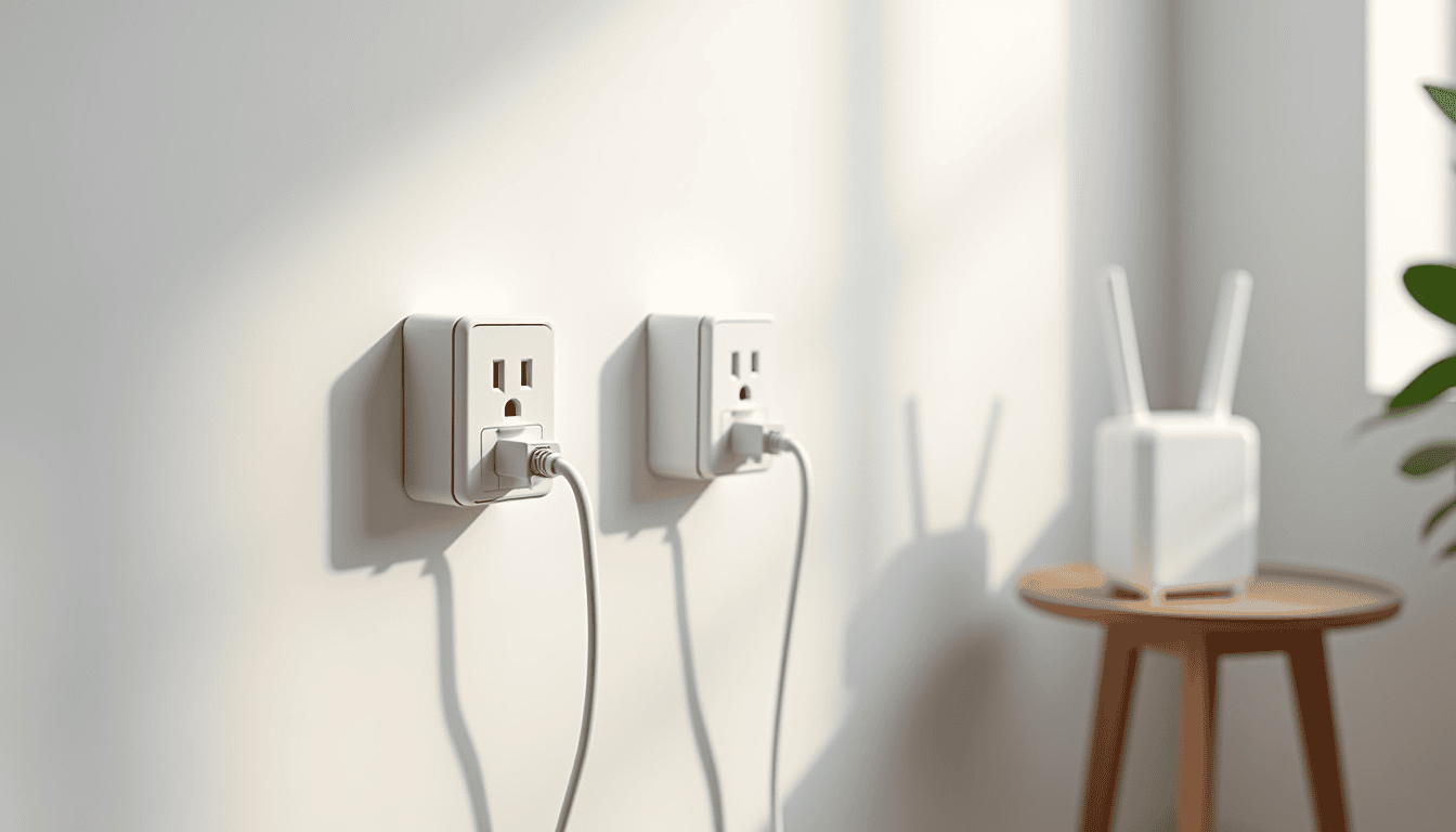 Two powerline network adapters plugged into wall sockets with an Ethernet cable and a router nearby