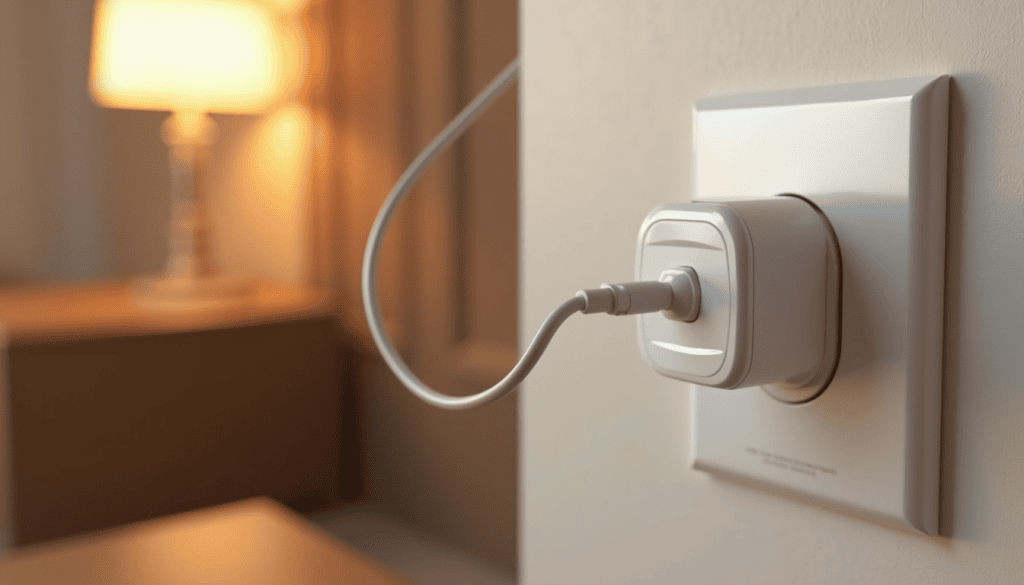 smart plugs adapter in a wall socket with a lamp cable connected