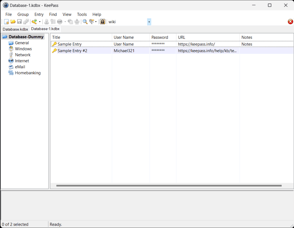 KeePass password vault window open on a Windows computer