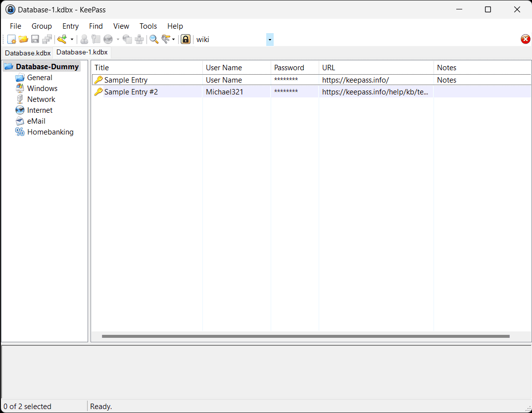 KeePass password vault window open on a Windows computer