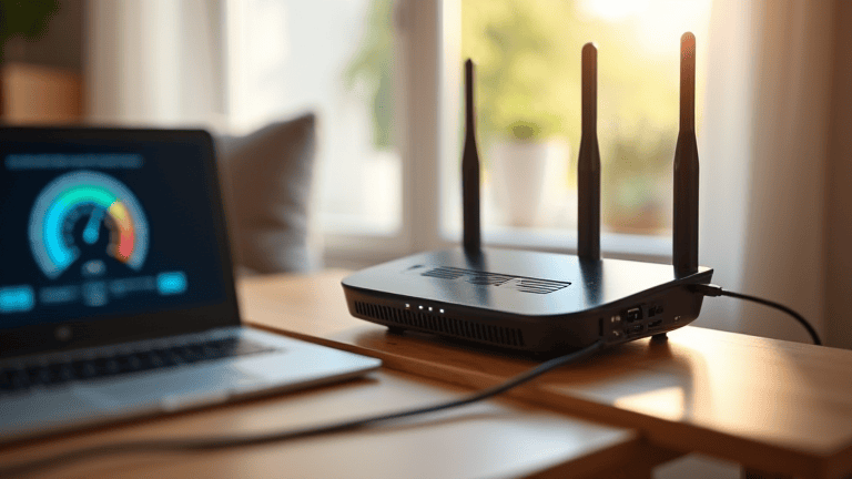 A home router with ethernet cable connected and a laptop nearby, the setup for testing whether broadband speed matches the plan.