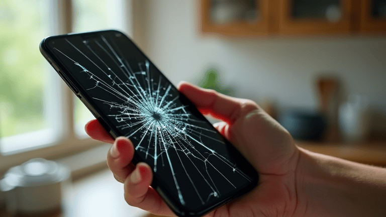 Smartphone with a shattered cracked glass screen held in one hand