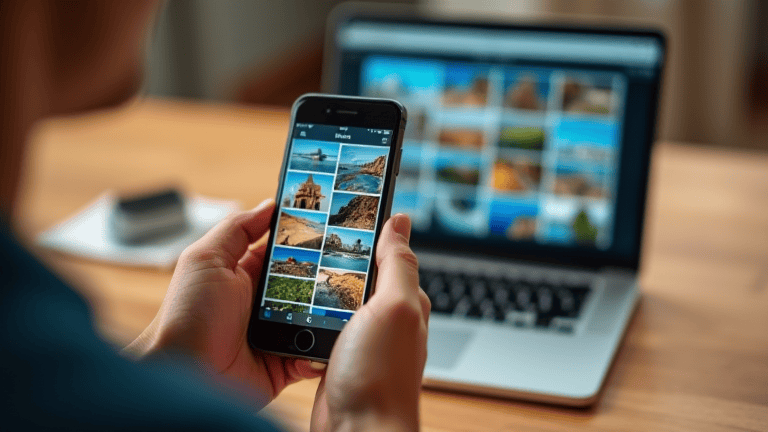 A phone gallery beside a laptop folder holding the same photographs, showing why HEIC files need converting before other devices can open them.