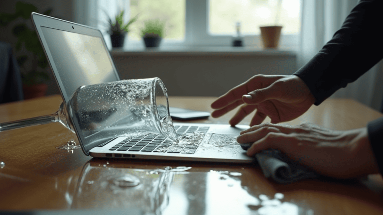 Water spreading from a tipped glass toward an open laptop on a wooden desk, the situation the first ten minutes of a spill response is designed for.