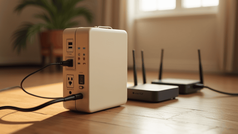 A compact battery backup unit with a router and modem on top, illustrating how a UPS is sized and wired for home network gear.
