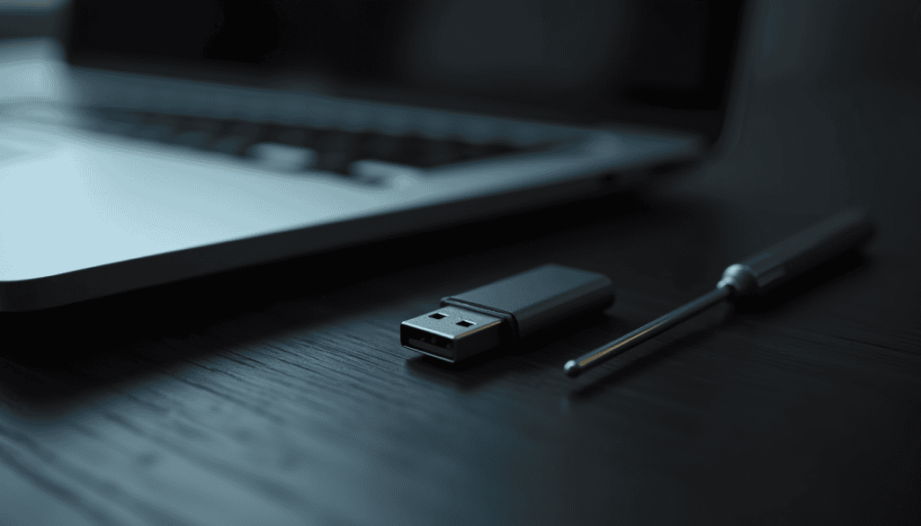 usb drive repair tool flash drive on a desk next to a laptop