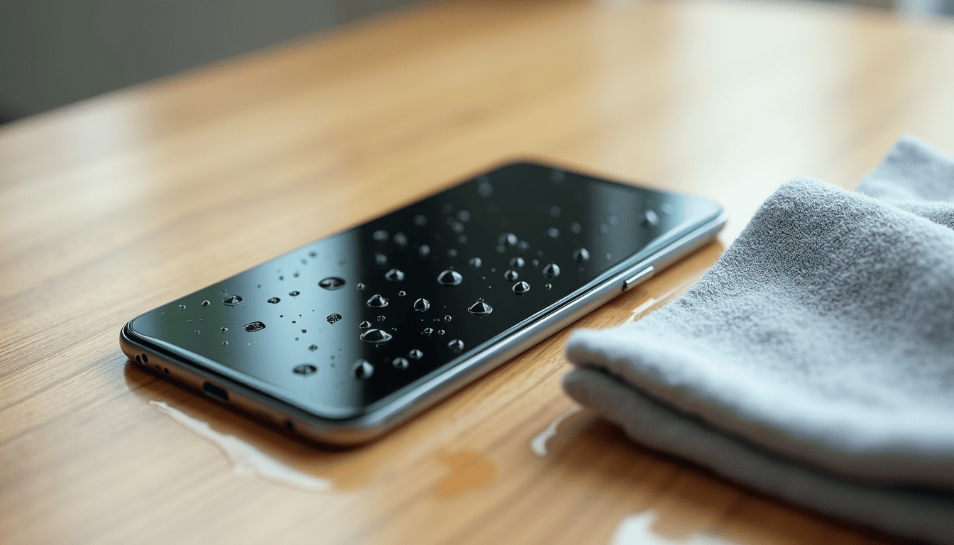 Wet smartphone lying on a table with water droplets and a soft drying cloth