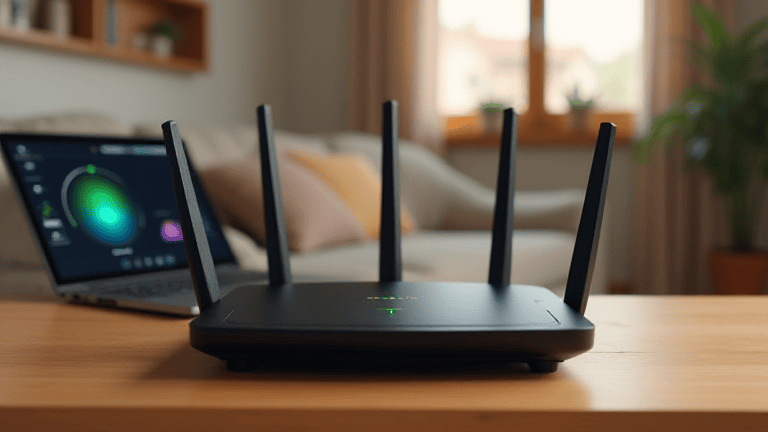 home Wi-Fi router with antennas and laptop speed test