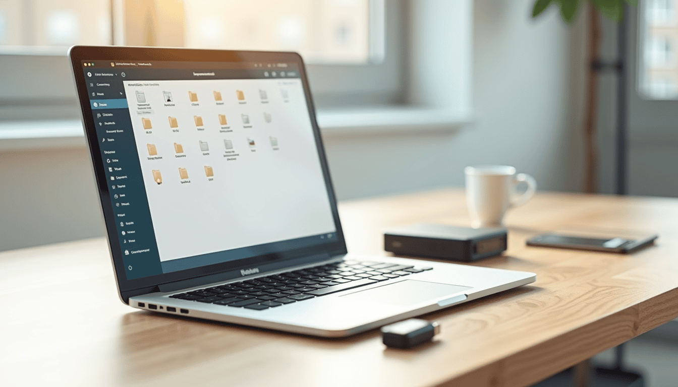 windows laptop on a desk with an external drive to free up disk space